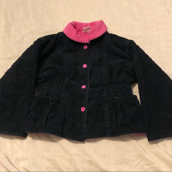 Girls Black/Pink Corduroy Botton Down Jacket with 2 Front Pockets Size 7/8 - Picture 3 of 12